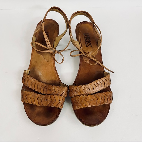 Vintage Larks “Coconut” Tan Leather Braided Low Wedge Ankle Tie Sandals Sz 8 - Picture 1 of 15